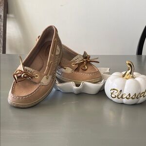 Sperry Tan Boat Shoes with Gold Details